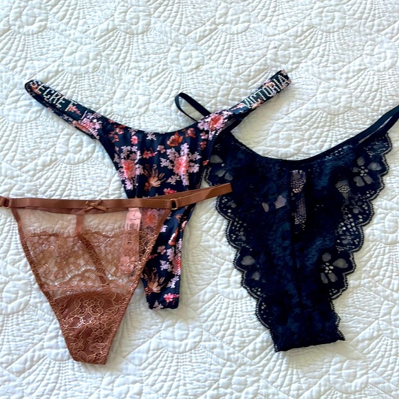 New Set of 3 Satin Shine Strap Logo Lace V String Thong Brazilian Panties - Picture 1 of 6